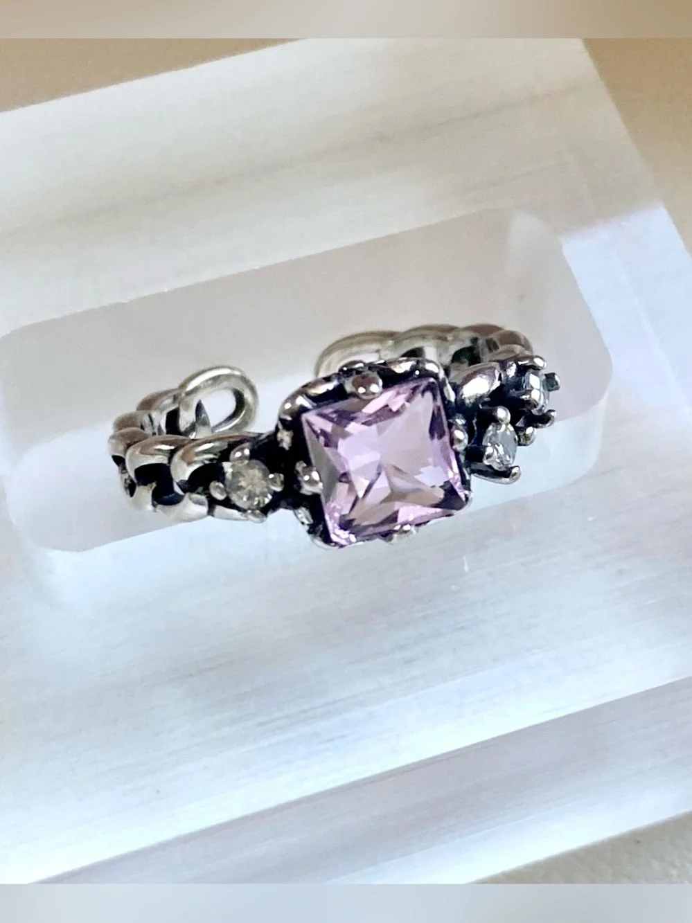 Sterling Silver Square Amethyst Ring with Accent Stones - Purple